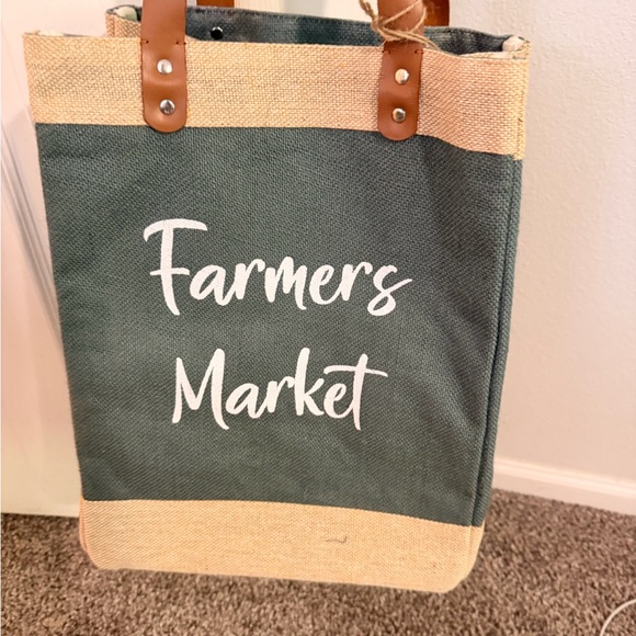 Small Acts Change The World Bags Stylish green, white & tan Farmer Market Tote - Picture 5 of 6